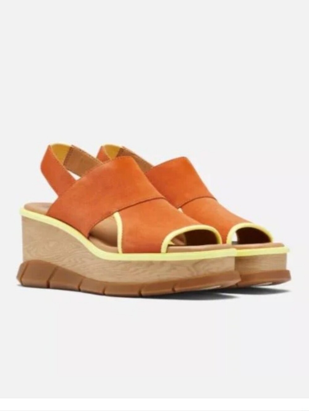 Sorel Joanie III Orange Suede Slingback Wedge Platform Sandal with Yellow Trim